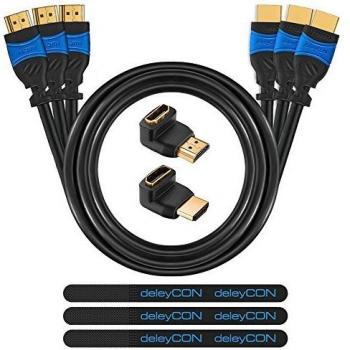 DeleyCON 3x 0,5m HDMI Kabel + Winkel Adapter (90+270°) + Klett-Kabelbinder + Tuch