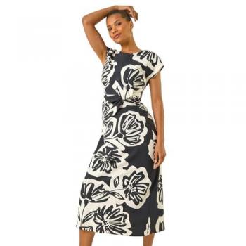 Blumen-Twist-Midi-Kleid in Schwarz – Damenmode