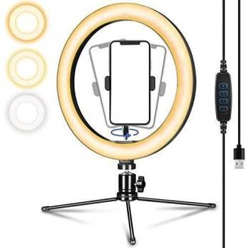 Lampe Anneulaire LED avec Trépied, Elegant Life 3 Couleurs, 10 Niveaux de Luminosité