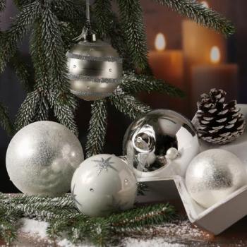 Weihnachtszauber-Kugelset – MARELIDA, 12 Glaskugeln, silber/weiß, 3 Größen