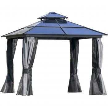 Outsunny 10x10ft Polycarbonate Hardtop Gazebo Canopy with Double-Tier Roof, Mosquito Netting, and Curtains