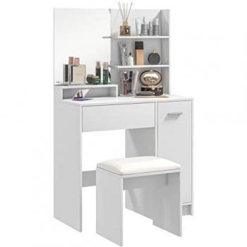 Contemporary White Vanity Table with Mirror, Stool, Drawer, and Storage Cabinet