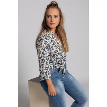 Blusa Donna in Viscosa con Fantasia Floreale e Righe, Collo con Ruche, Maniche Lunghe, Beige, Taglia 52/54