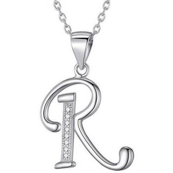 Collier argent 925 rhodié femme pendentif lettre R zircons blancs 45 cm