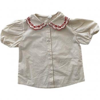 Blusa de verano con cuello de flores bordadas para niñas, manga abombada, 1-6 años