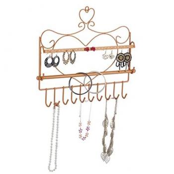 Expositor de Collares y Pendientes, Soporte de Pared para Joyas, Diseño Corazón, 30x36,5x3,5 cm, Bronce