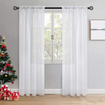 BGment White Sheer Curtains Rod Pocket Window Drapes Silver Star Foil Printed 1 Pair (W46'' x L72'', Sheer)