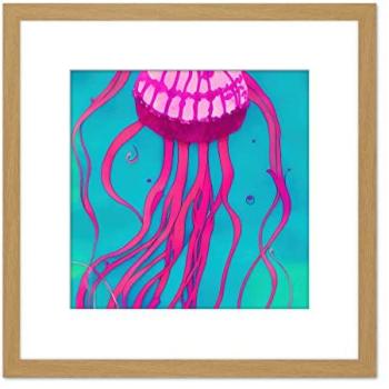Square Purple Jellyfish Sea Life Print – 8 x 8 Watercolor on Light Oak Wood Frame