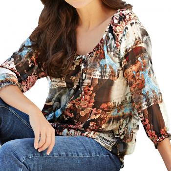 Geisha‑Top Braun, XXL – Ecru/Terracotta gemustert