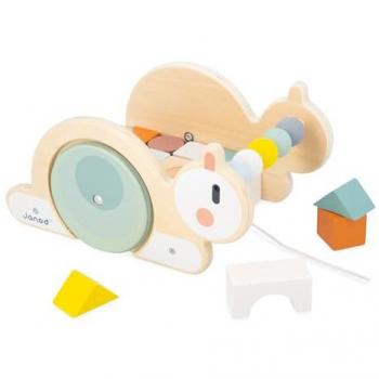 Chariot Cube Escargot Janod avec 16 cubes de construction en bois FSC