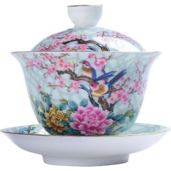 Jingdezhen Keramik Terrine, handgemalt, rosa Blumen und Vögel, blau-weiß