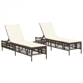 Lettini Prendisole 2 pz in Polyrattan con Tavolino Marrone