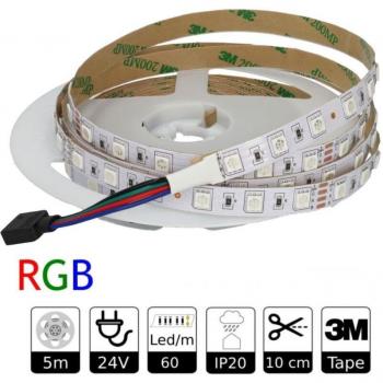 Tira SMD5050 RGB 24V 60LEDs/m – 5 m, 3 m adhesivo + bobina