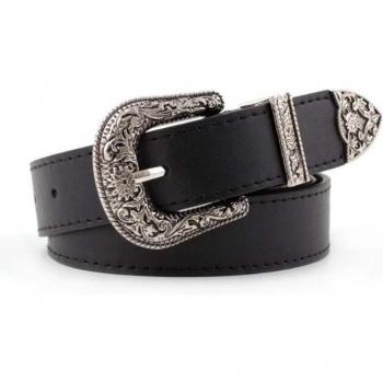 Vintage Black Leather Waist Belt for Women with Square Buckle