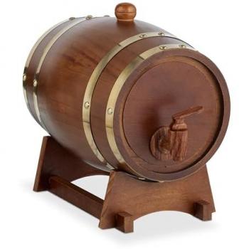 Tonneau Relaxdays en bois 22 L : support, robinet, distributeur vin et spiritueux, couleur marron foncé
