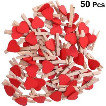 Mini Clip in Legno Rosso con Cuore – 50 Pezzi