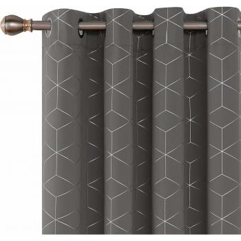 Deconovo Lot de 2 Rideaux Gris Clair Occultants à Oeillets Isolant Thermique Anti Froid Motif Géométrique Imprimés Argent 132x138cm