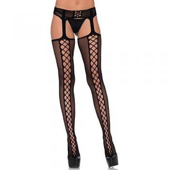 Women’s Leg Avenue Fishnet Stockings with Attached Garter Belt, Faux Lace