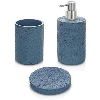 Accessori Set Bagno con Dispenser, Portaspazzolini e Porta Sapone – Effetto Pietra Turchese