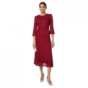 Fluted Lace Midi Dress with ¾ Sleeves