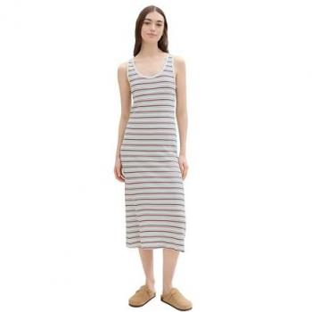 TOM TAILOR DENIM Damen Midikleid mit Rundhalsausschnitt und Waffelstruktur, gestreift, Weiß, Größe XS