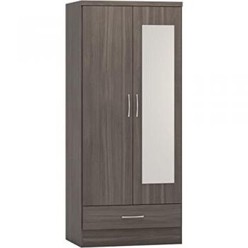Seconique Nevada Wardrobe in Black Wood Grain with 2 Mirrored Doors & 1 Drawer