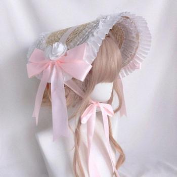 Sombrero de Paja Lolita Boina Floral con Encaje