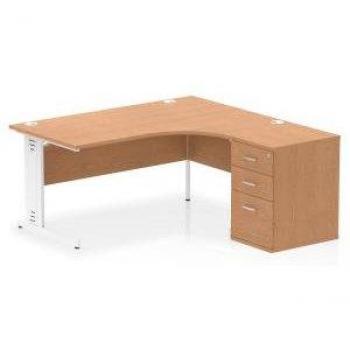 Impulse Bench 1600mm Right Crescent Office Desk Oak Top White Cable Managed Leg