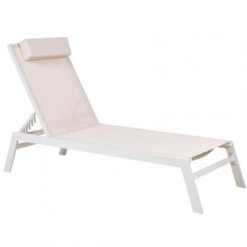 Lettino Prendisole Beige con Cuscino Poggiatesta e Struttura in Alluminio Bianco Reclinabile per Giardino Esterno
