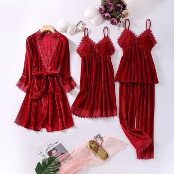 Gold Velvet Women's Nightdress and Pajama Set