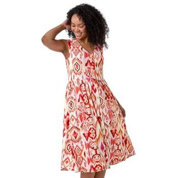 Roman Petite Orange Aztec Button Stretch Midi (Size 14)