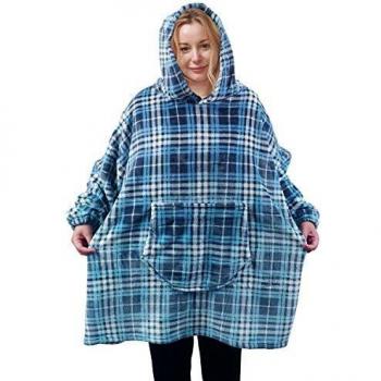 Softan Flannel Fleece Hoodie Blanket Sweatshirt Super Soft Warm Cozy Giant Hoody Large Front Pocket One Size for All (Blue Plaid)