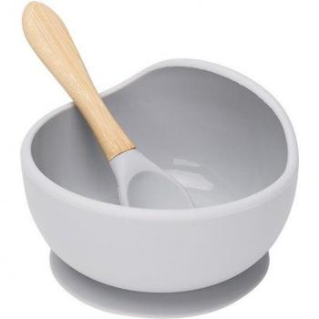Baby Silikon Schüssel mit Holzlöffel und Saugnapf, BPA-frei