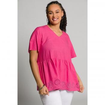 Tunica donna mezze maniche scollo a V ricamata misto lino rosa taglia 48/50 Ulla Popken