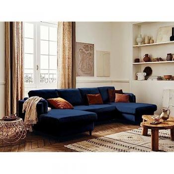 U‑Form Living Brookesofa in Nacktblaue Samt – 7‑Sitzer mit Schlaffunktion