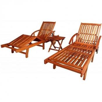 Lot de 2 Chaises Longues avec Table, Bain de Soleil, Transat de Terrasse, Siège de Jardin Patio Extérieur, Bois