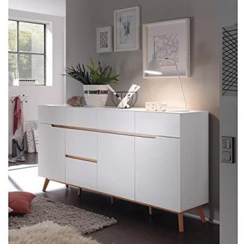 CERVERA-05 Sideboard, weiß matt lackiert, mit Asteiche massiv geölt, 193/95/40 cm
