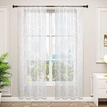 WOLTU transparente Gardinen mit Kräuselband und Blumenstickerei, 2 Stücke, 140x175 cm