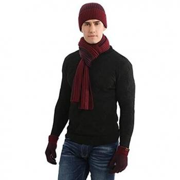 Ensemble d'écharpe, bonnet et gants en laine tricotée pour l'hiver, pour hommes et femmes, double face, couleur assortie, rouge, taille M
