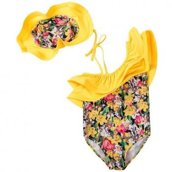 Mono de baño para niña con diseño floral y sombrero