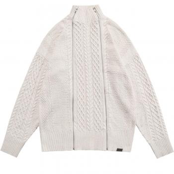 Pull coréen à col roulé en tricot noir et blanc avec fermeture éclair