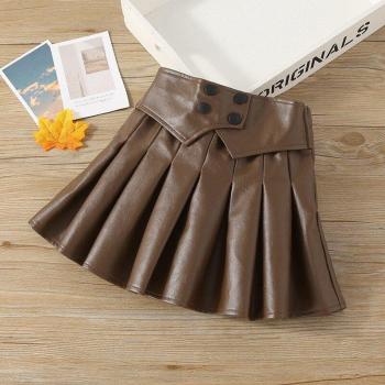 Jupe en cuir pour fille, drapée, taille élastique, boutons, 2-7 ans