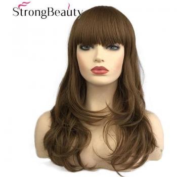 Perruque Longue Ondulée StrongBeauty Frange #39 – Chevelure Châtain Foncé