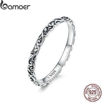 BAMOER Retro 925 Sterling Silver Stackable Ring with Black Pattern for Women