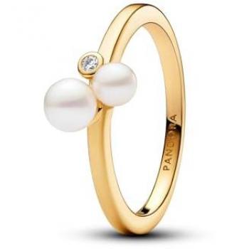 Bague Duo de Perles de Culture Dorée avec Cubiques en Blanc 50