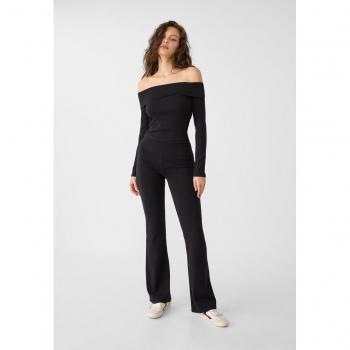Ribbed Waist Flared Trousers Black Large