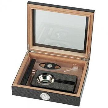Humidor-Set Carbon-Design mit Glasdeckel für ca. 15 Cigarren, Hygrometer, Humidifier, Cutter, Ascher