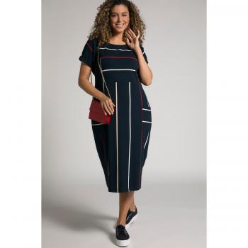 Abito oversize a strisce in cotone, midi, scollo a girocollo, mezze maniche, Donna, Blu, Taglia: 64/66
