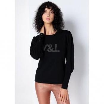 Victorio Lucchino Jersey de Algodón Perla Negra, Cuello Caja, Manga Larga