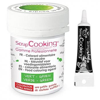Colorant alimentaire en poudre vert et stylo de glaçage noir Scrapcooking
